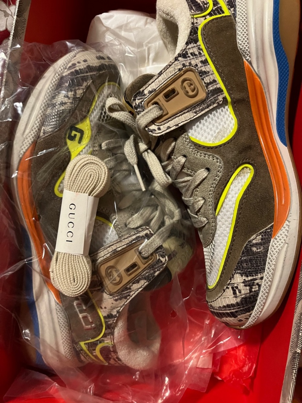 Gucci Beige Suede & Mesh Sneakers with Neon Yellow Accent